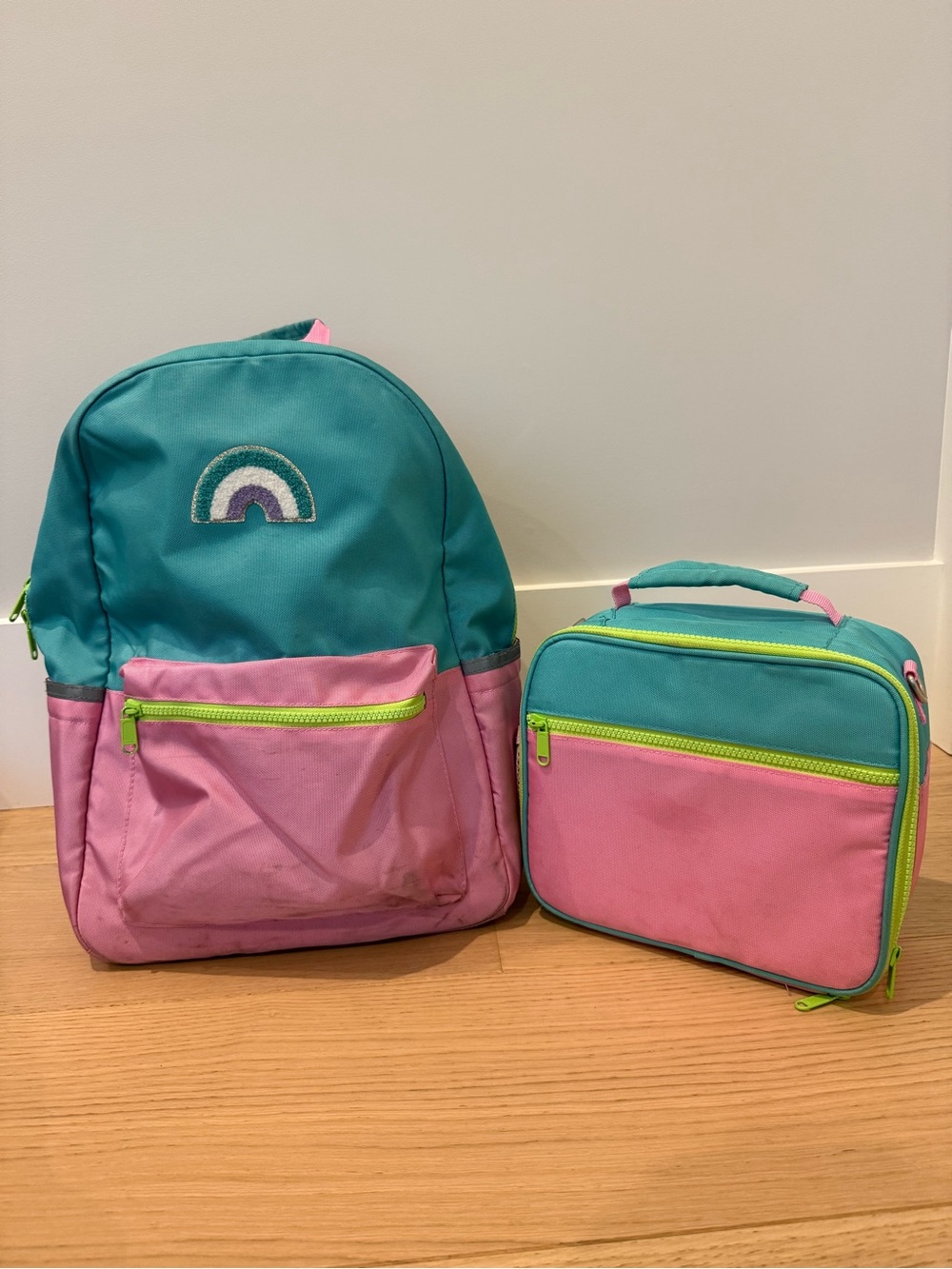 Pottery Barn Kids Pink/Aqua/Lime Astor Backpack and Lunchbox